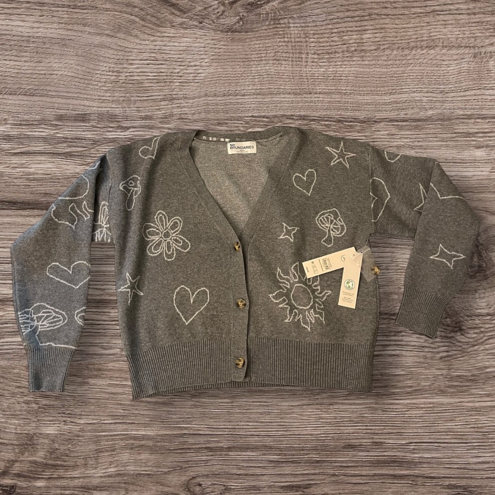 BNWT No Boundaries Medium Heather Grey NB Novelty Cardigan Various Design Multi